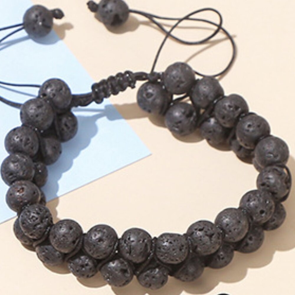 3/$35 Black Lava Rock Beaded Bracelet Adjustable Healing Energy Stone Unisex